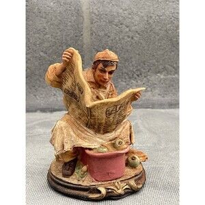 Vintage Resin Figure Sitting on Crate Working with Apples, Reading a Newspaper